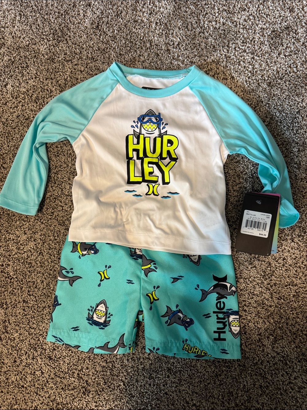 Hurley Aqua and White Shark Rashguard Swim Set